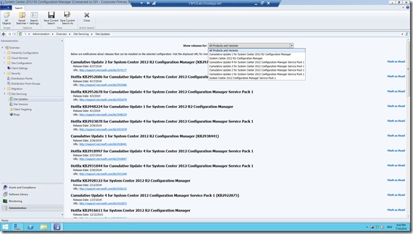 ServiceingManager Site Updates drop down
